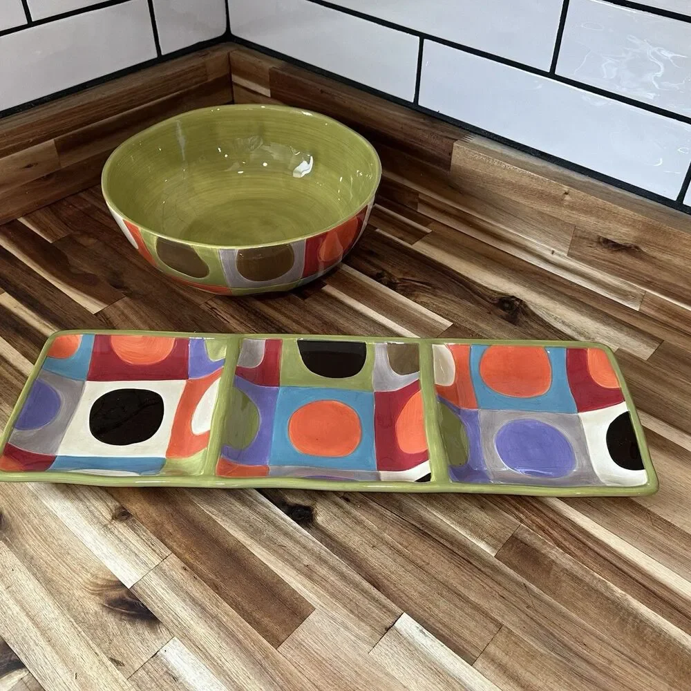Pier 1 Urban Dot Earthenware 3 Serving Piece Set - Bowl, Platter, Divided Tray